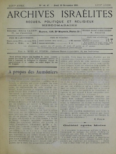 Archives israélites de France. Vol.75 N°46-47 (19 nov. 1914)